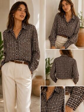 Rafaella Women’s Brown Geometric Print Button Front Blouse Size 10